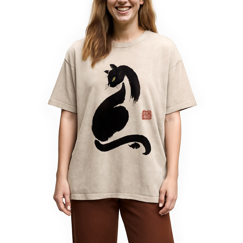 Modecanvas Elegant Black Cat Japan Washed T-Shirt
