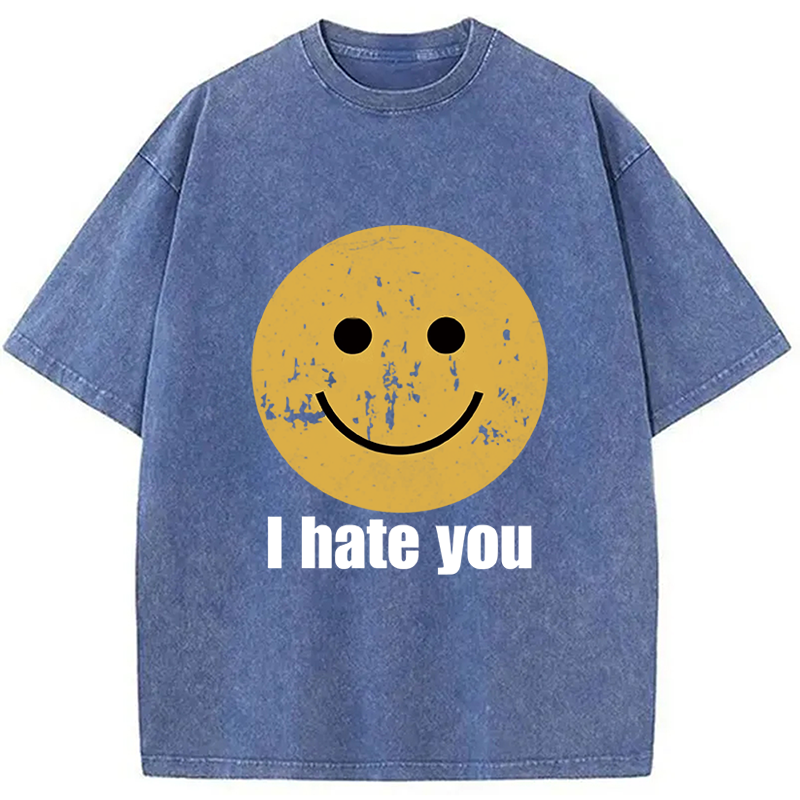 Modecanvas I Hate You Smiley Face Washed T-Shirt-modecanvas