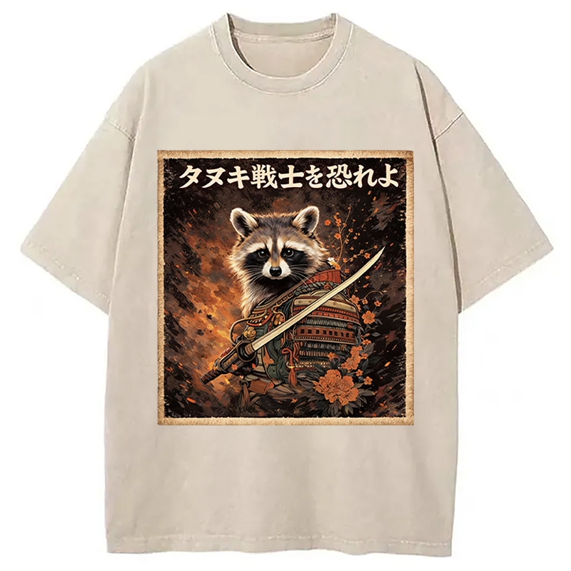Modecanvas Japanese Raccoon Samurai Funny DTG Printing Washed T-Shirt