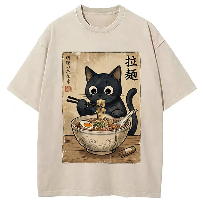 Modecanvas Kawaii Ramen Cat Retro DTG Printing Washed T-Shirt