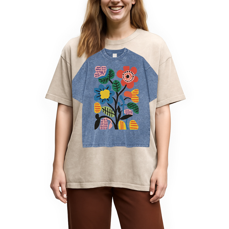 Modecanvas Floral Shirt Of DTG Printing Washed T-Shirt