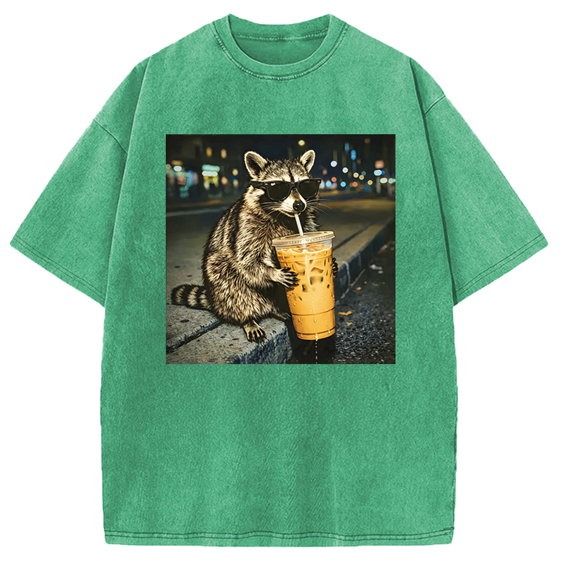 Modecanvas Racoon with a Ice Coffee Washed T-Shirt-modecanvas