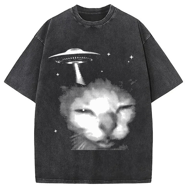 Modecanvas Alien Cat Meme UFO Vintage DTG Printing Washed T-Shirt