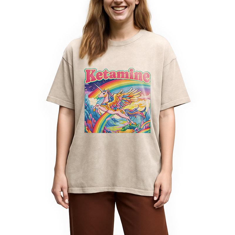 Modecanvas Ketamine Rainbow Unicorn Funny Meme DTG Printing Washed T-Shirt