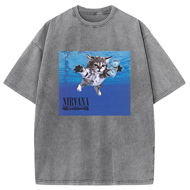 Modecanvas Nirvana Band Cat Washed T-Shirt-modecanvas