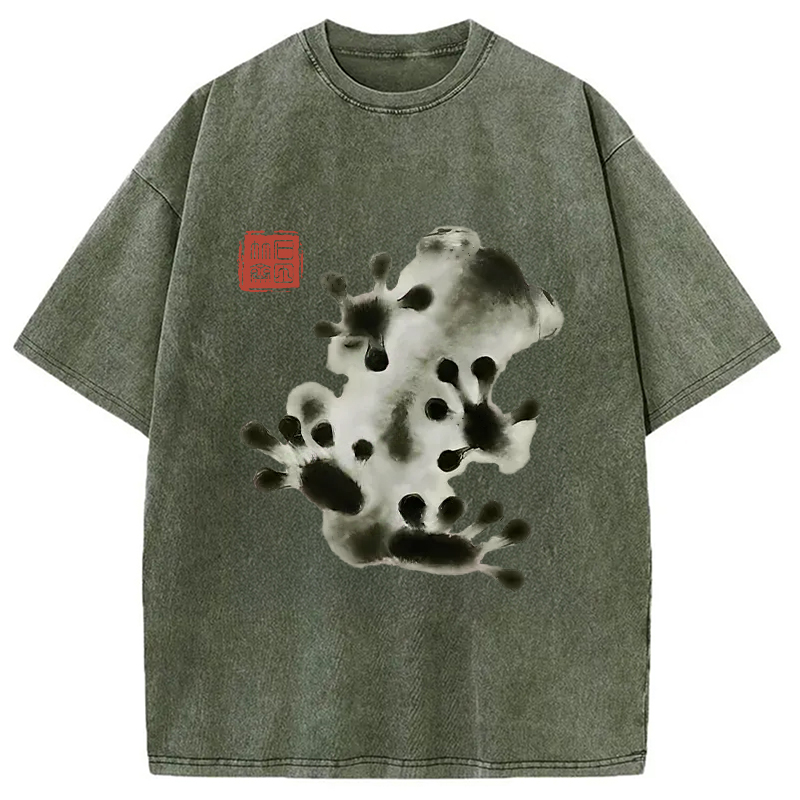 Modecanvas Ink Painting Frog Washed T-Shirt-modecanvas