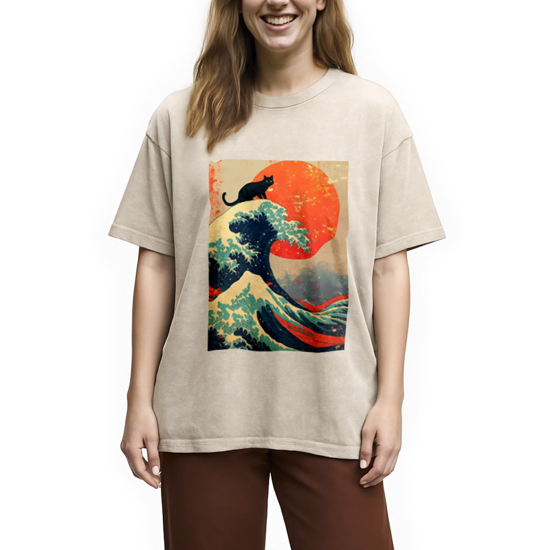 Modecanvas Black Cat On Great Wave Washed T-Shirt