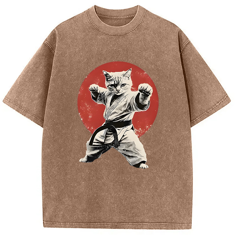 Modecanvas Japanese Karate Cat Washed T-Shirt-modecanvas