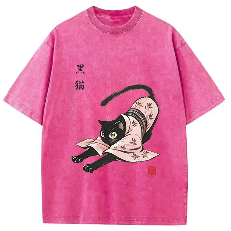 Modecanvas Yoga Black Cat DTG Printing Washed T-Shirt