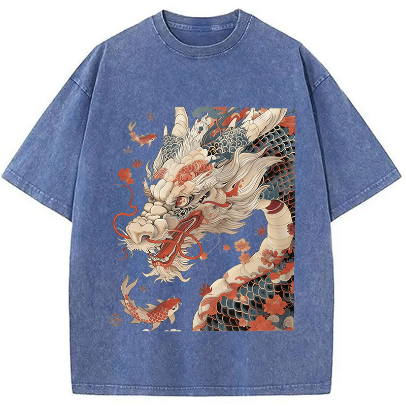 Modecanvas Dragon Koi Fish DTG Printing Washed T-Shirt