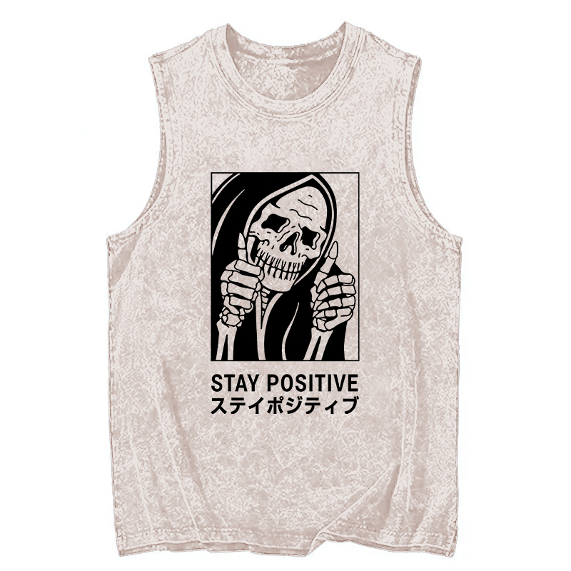 Modecanvas Stay Positive Skeleton DTG Printing Washed Tank-modecanvas