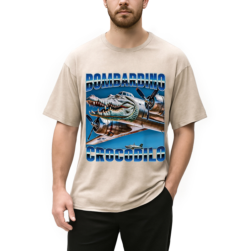Modecanvas Bombardino Crocodilo Italian Brainrot Meme DTG Printing Washed T-Shirt