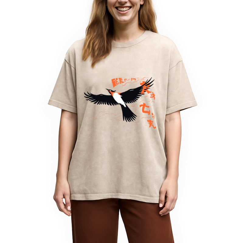 Modecanvas Japanese-Inspired Bird Washed T-Shirt