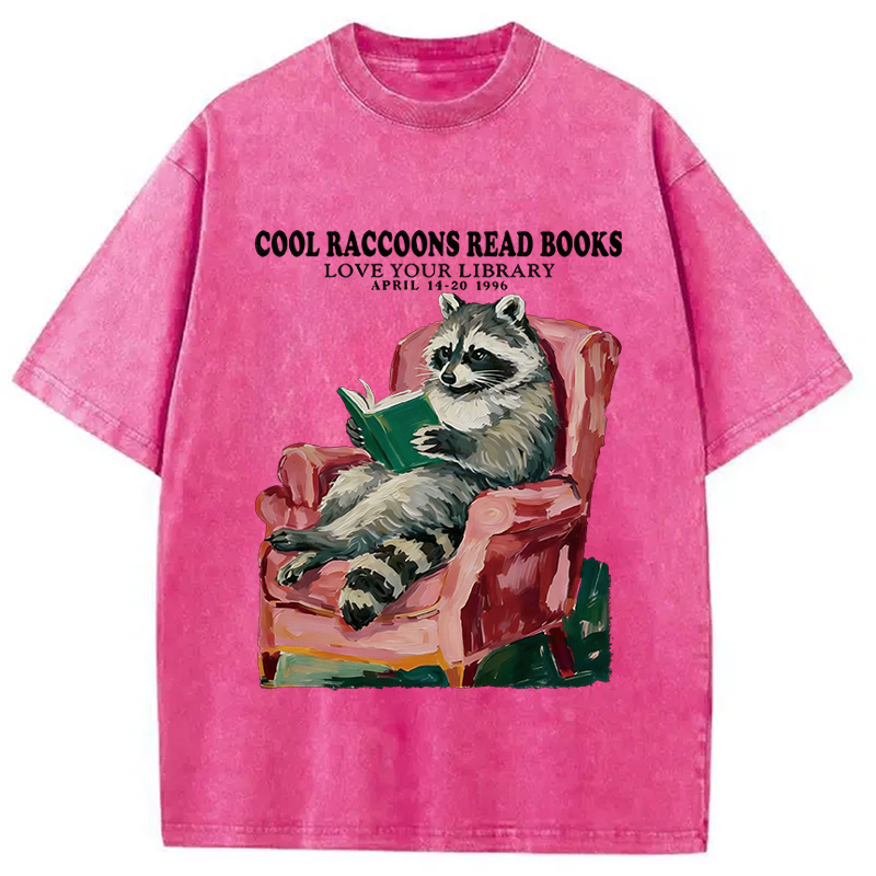 Modecanvas Cool Raccoon Reads DTG Printing Washed T-Shirt-modecanvas