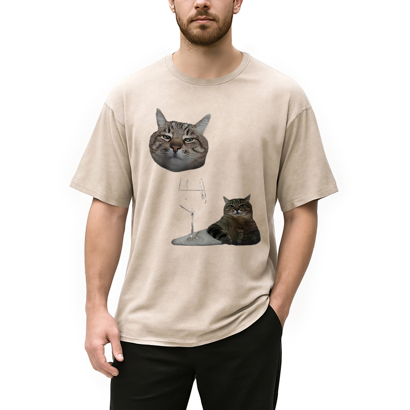 Modecanvas Funny Cat And Wine Art Cats Drinking Washed T-Shirt