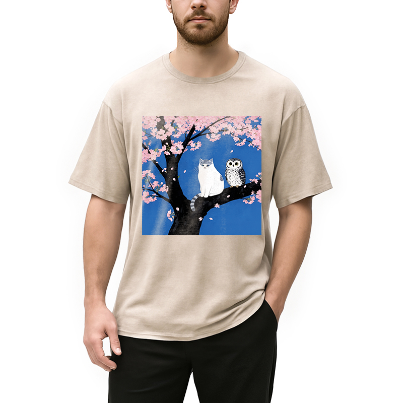 Modecanvas Cat And Owl Under Sakura DTG Printing Washed T-Shirt