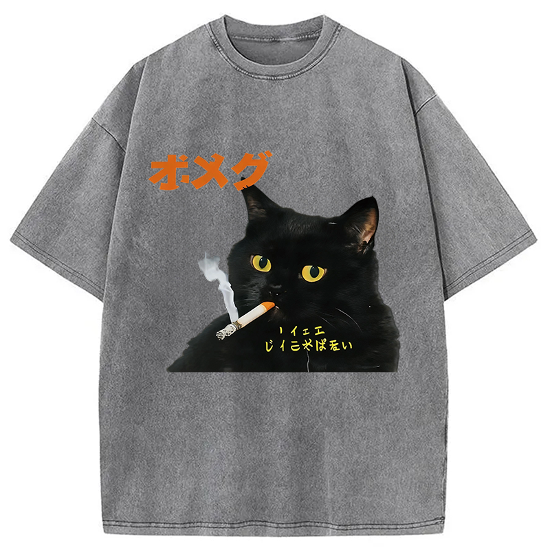 Modecanvas Smoking Cat Japanese DTG Printing Washed T-Shirt