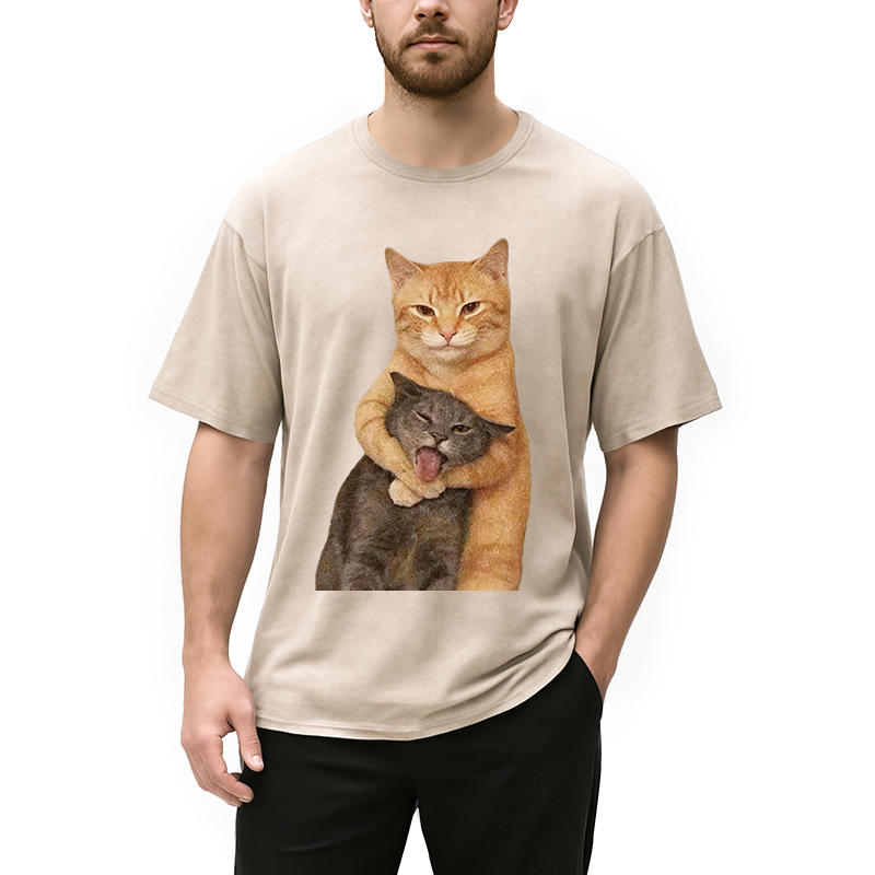 Modecanvas Fighting Cat Meme DTG Printing Washed T-Shirt