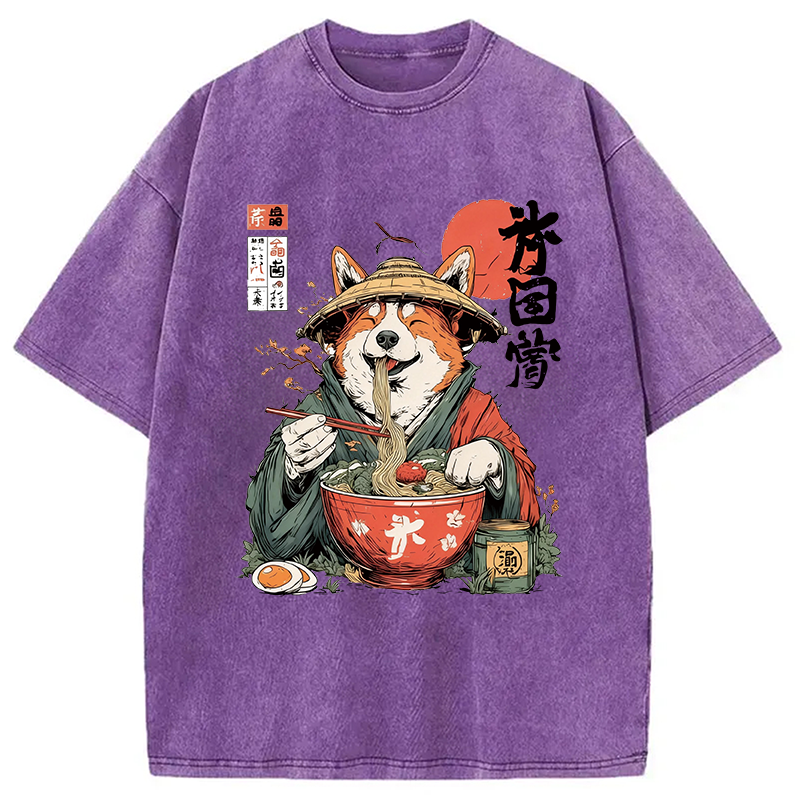 Modecanvas Corgi Eating Ramen DTG Printing Washed T-Shirt-modecanvas
