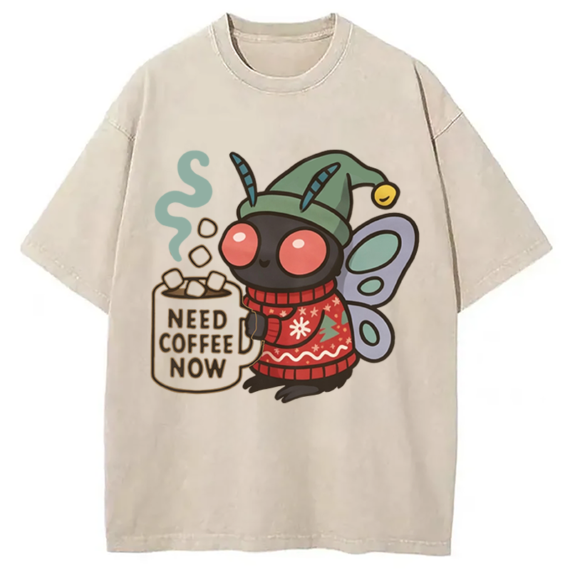 Modecanvas Creepy Cute Mothman Coffee DTG Printing Washed T-Shirt