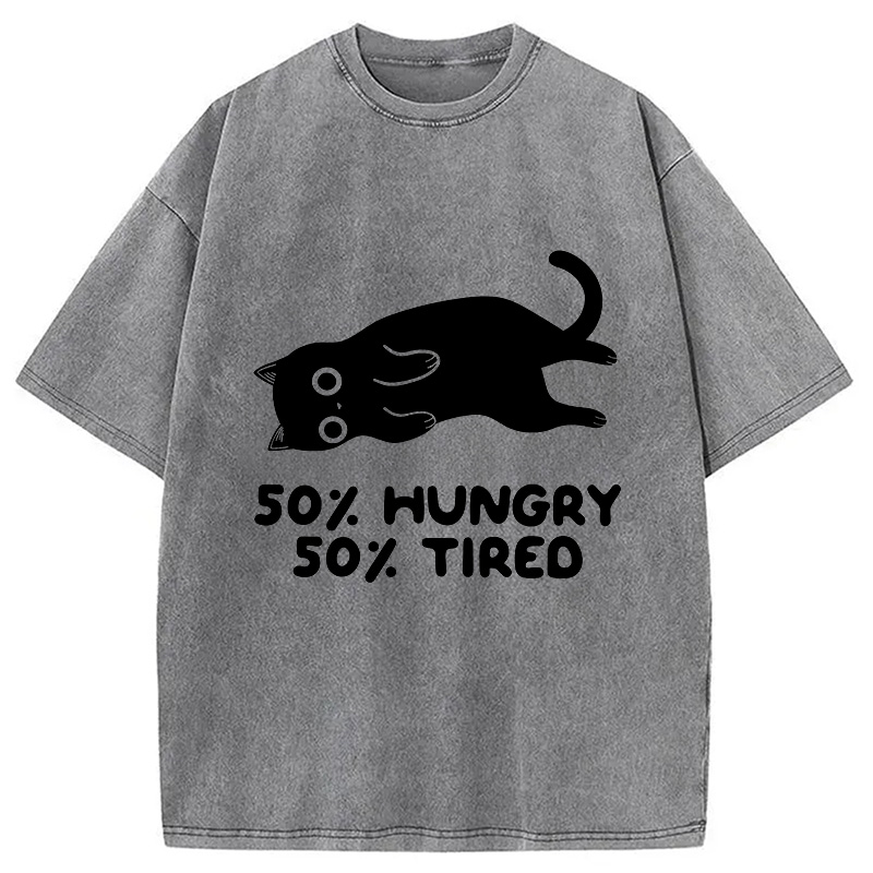 Modecanvas Hungry Tired Black Cat Funny Washed T-Shirt
