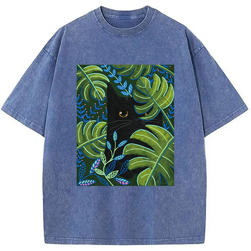 Modecanvas Cat In The Monstera DTG Printing Washed T-Shirt