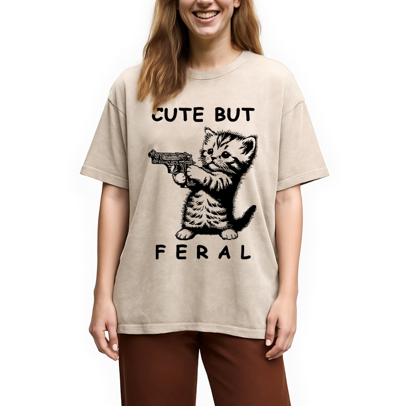 Modecanvas Ferocious Cat Washed T-Shirt
