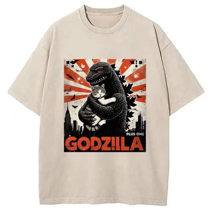 Modecanvas Catzilla Funny Monster And Cat Vintage Washed T-Shirt