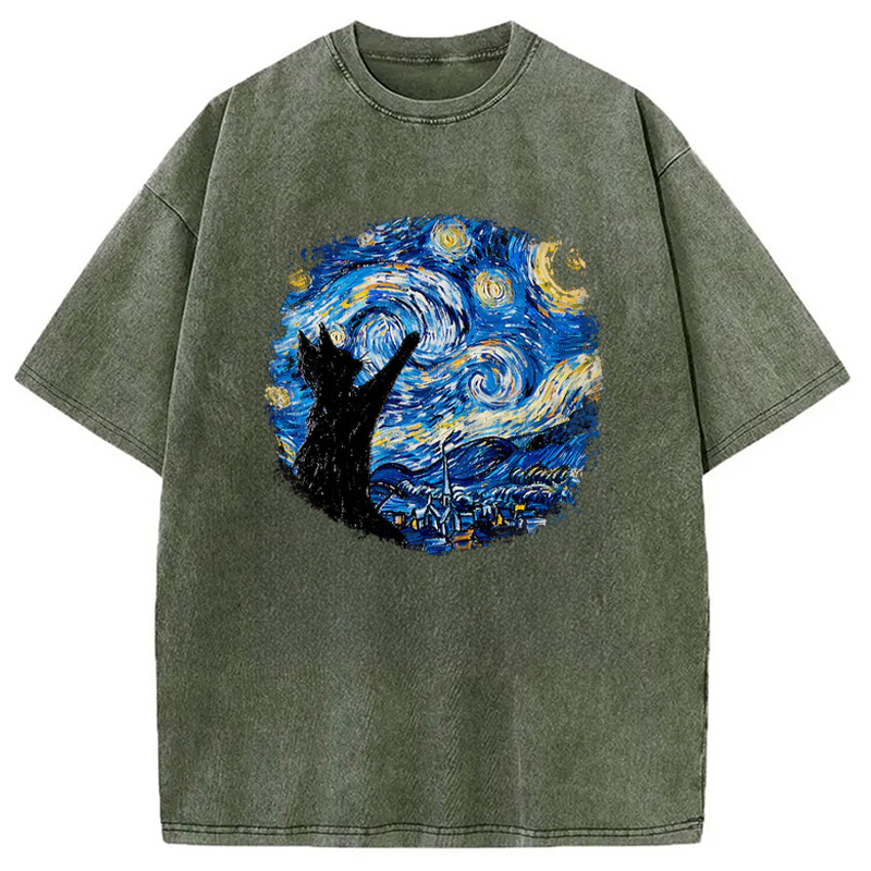 Modecanvas Starry Night Cat Washed T-Shirt