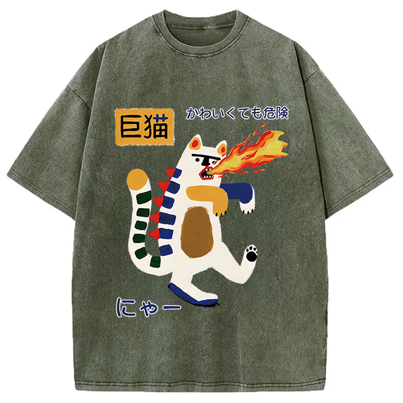 Modecanvas Fire-breathing Giant Cat DTG Printing Washed T-Shirt