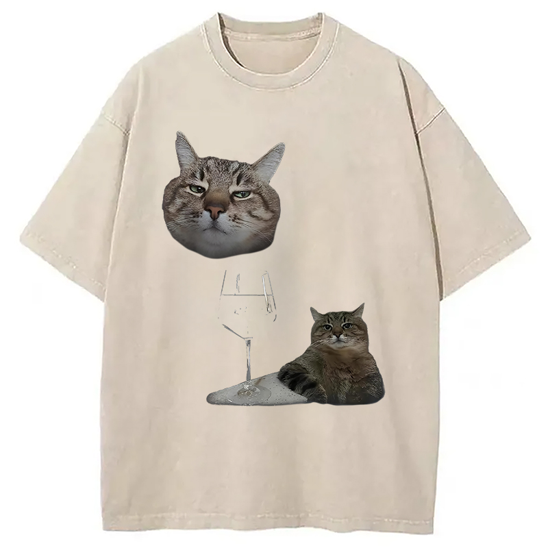 Modecanvas Funny Cat And Wine Art Cats Drinking Washed T-Shirt