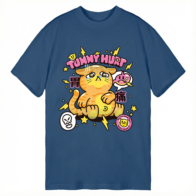 Modecanvas Tummy Hurt Cute Cat DTG Printing Classic T-Shirt-modecanvas