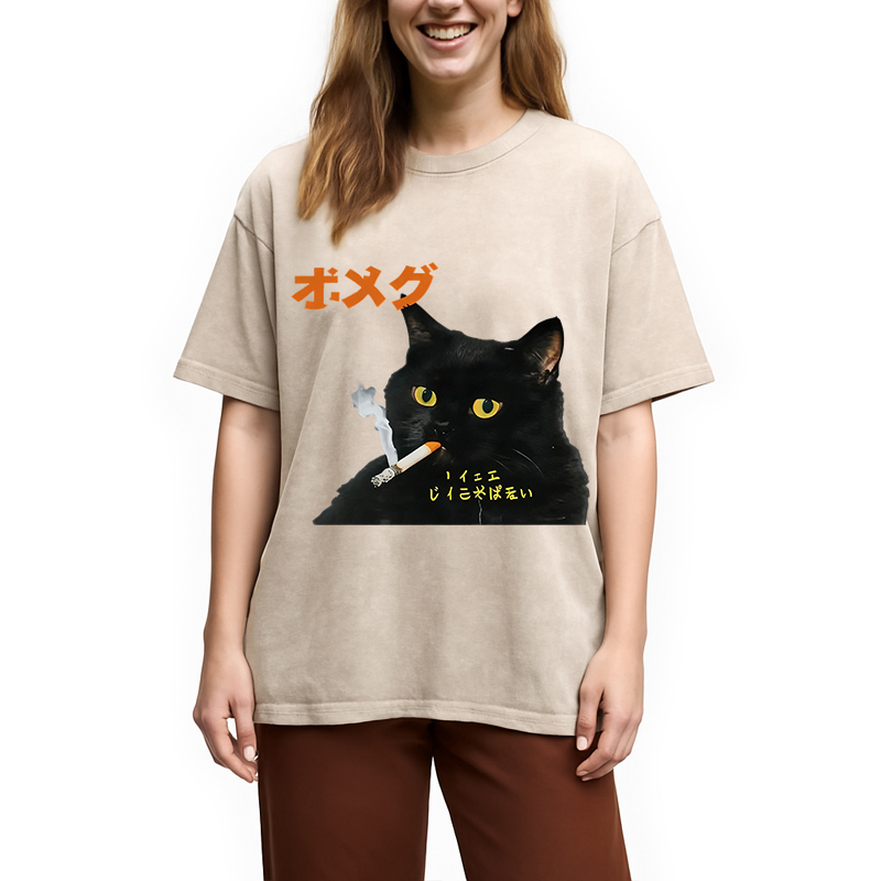 Modecanvas Smoking Cat Japanese DTG Printing Washed T-Shirt