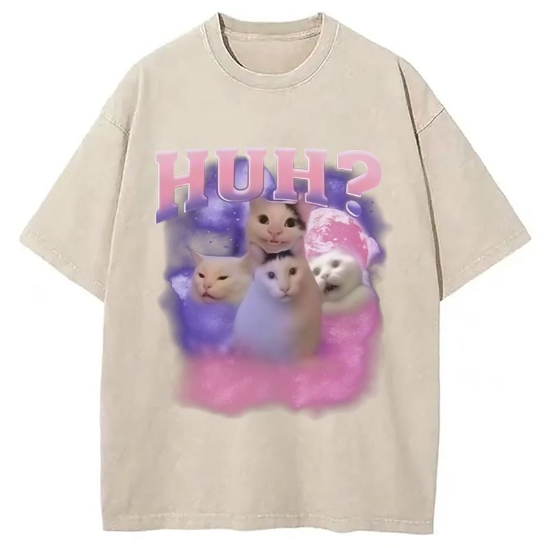 Modecanvas Pink Funny Meme Huh Cat Washed T-Shirt-modecanvas