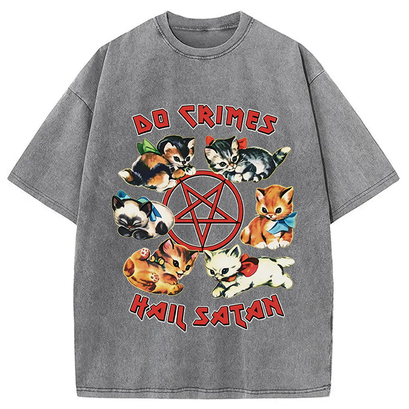 Modecanvas Cute Cats Do Crimes Hail Satan DTG Printing Washed T-Shirt
