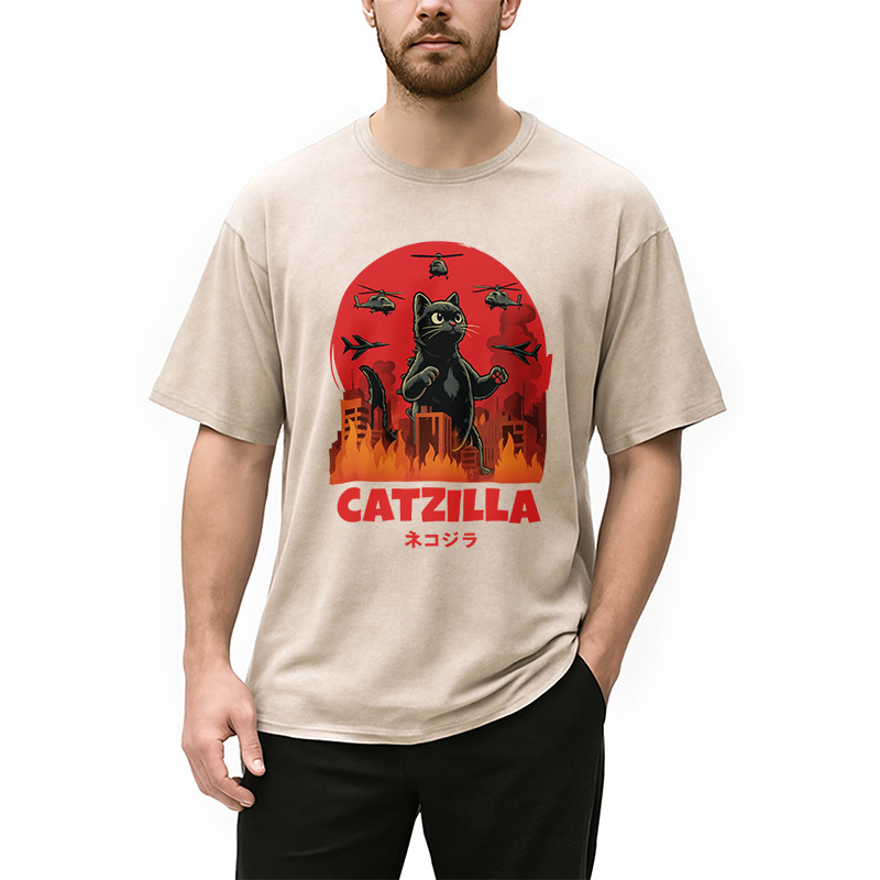 Modecanvas Catzilla Cat Japanese Vintage Washed T-Shirt