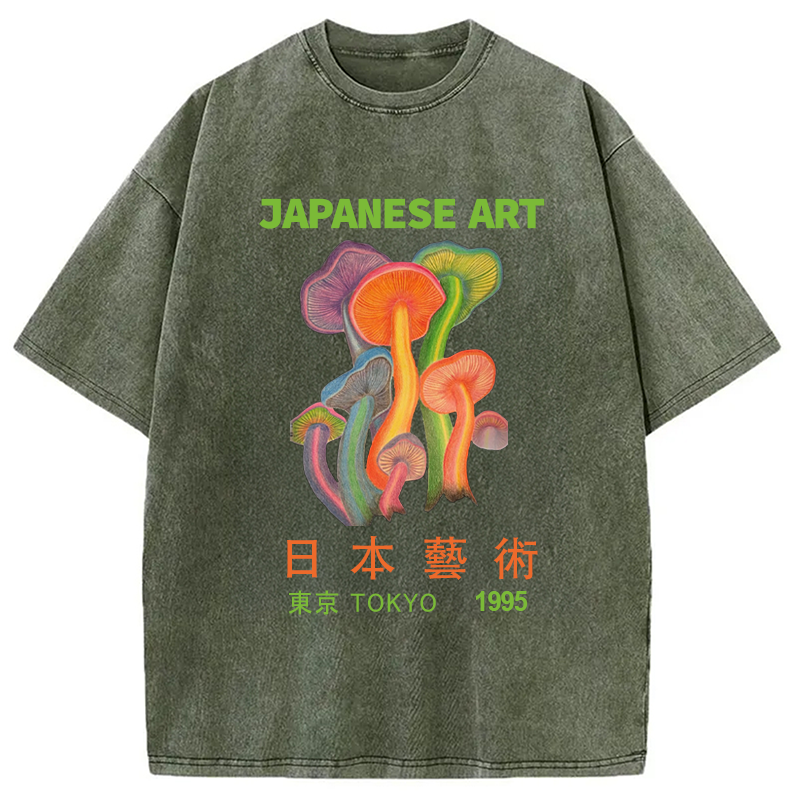 Modecanvas Colorful Mushrooms Japanese Art Washed T-Shirt