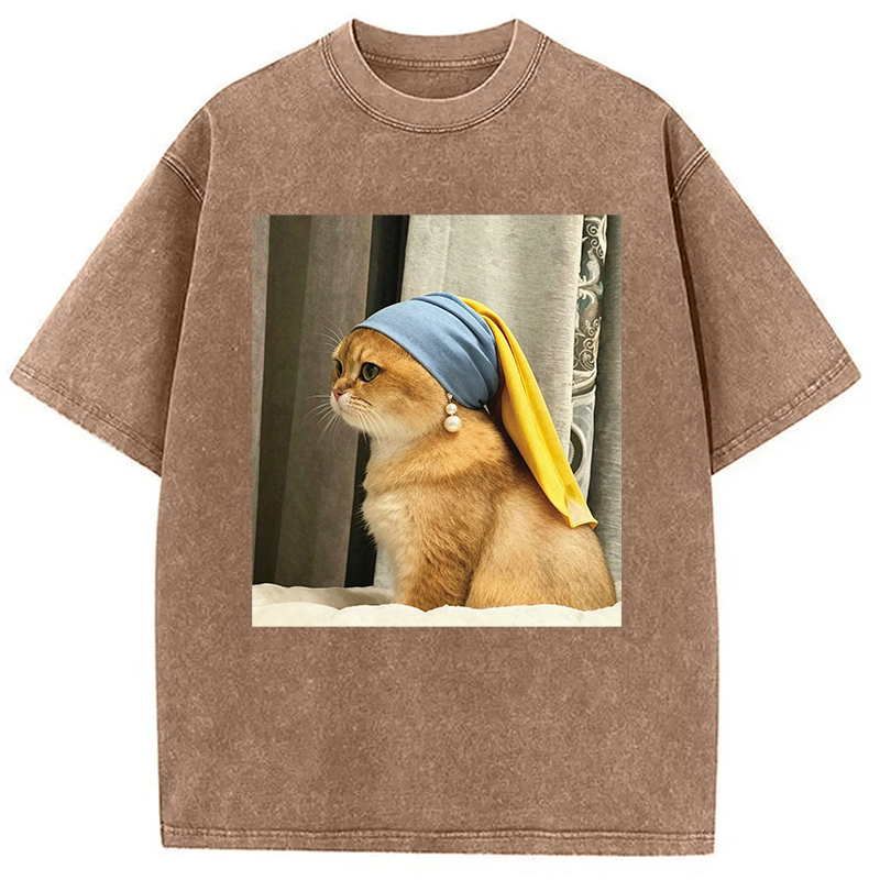 Modecanvas Cat with Pearl Earring Meme DTG Printing Washed T-Shirt