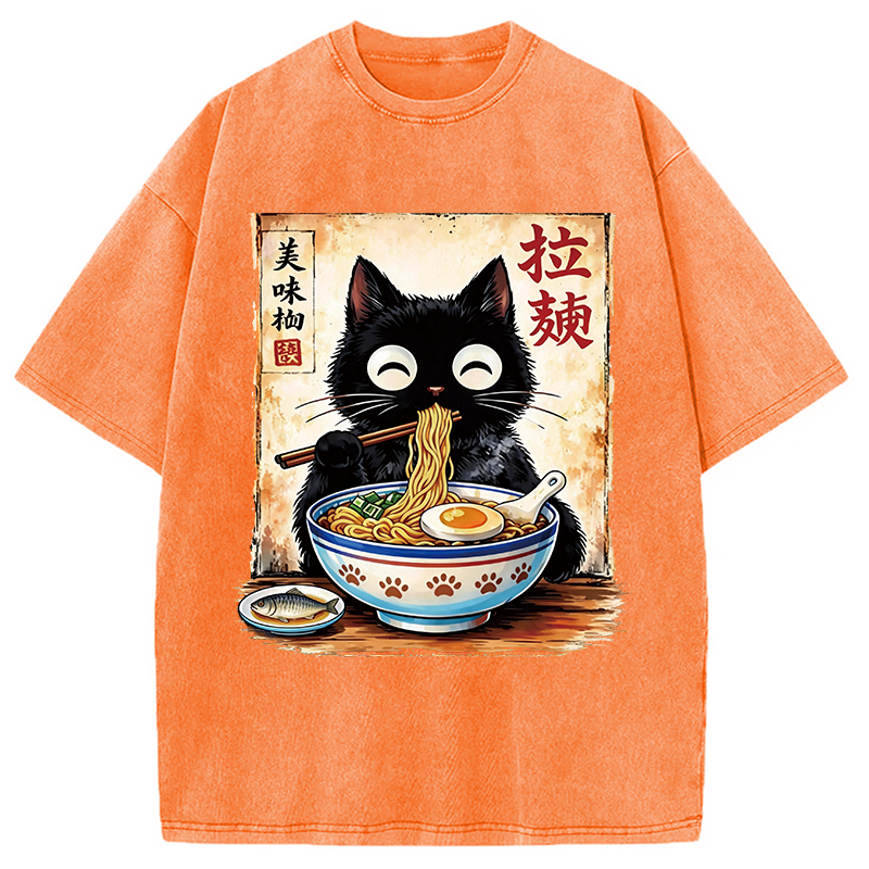 Modecanvas Cute Cat Slurping Ramen DTG Printing Washed T-Shirt