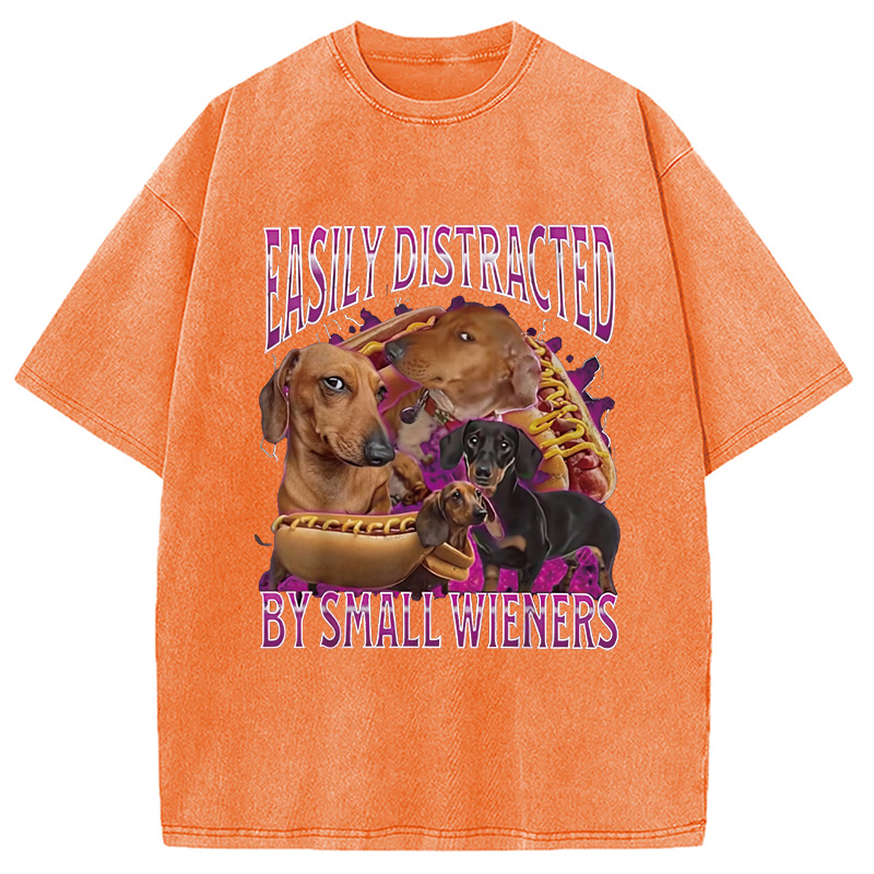 Modecanvas Easily Distracted By Small Wieners Funny Washed T-Shirt-modecanvas