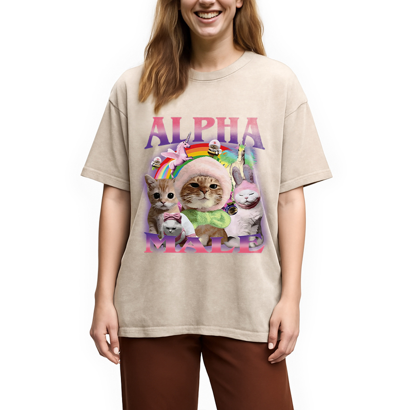 Modecanvas Alpha Male Funny Cat Meme DTG Printing Washed T-Shirt