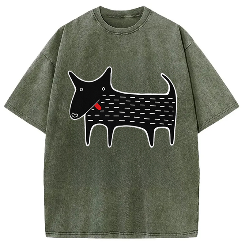 Modecanvas Black Dog Kawaii Folk Art DTG Printing Washed T-Shirt