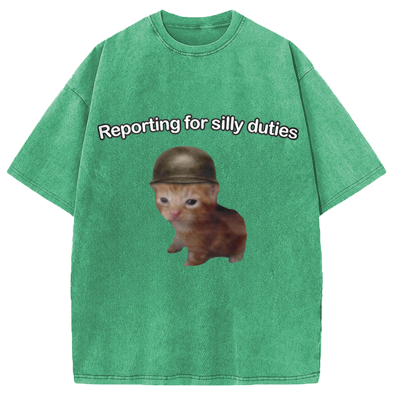 Modecanvas Reporting for Silly Duties Funny Cat Meme DTG Printing Washed T-Shirt