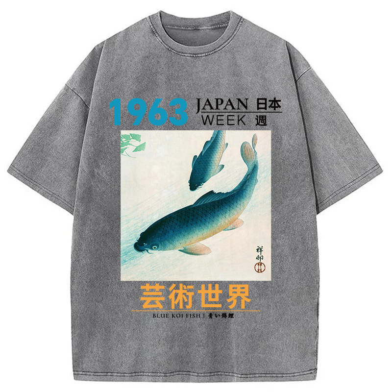 Modecanvas Blue Koi Fish DTG Printing Washed T-Shirt
