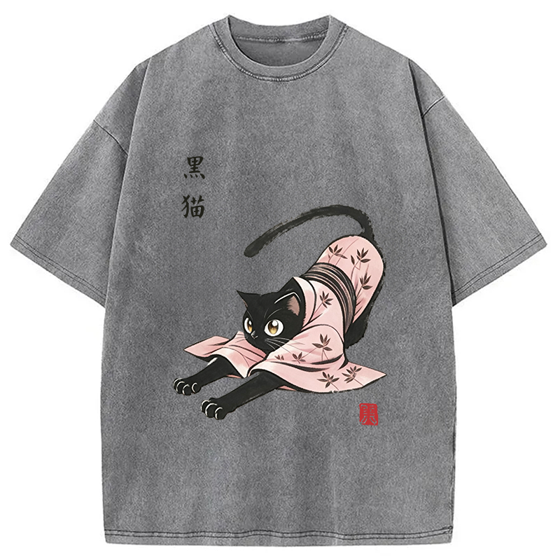 Modecanvas Yoga Black Cat DTG Printing Washed T-Shirt