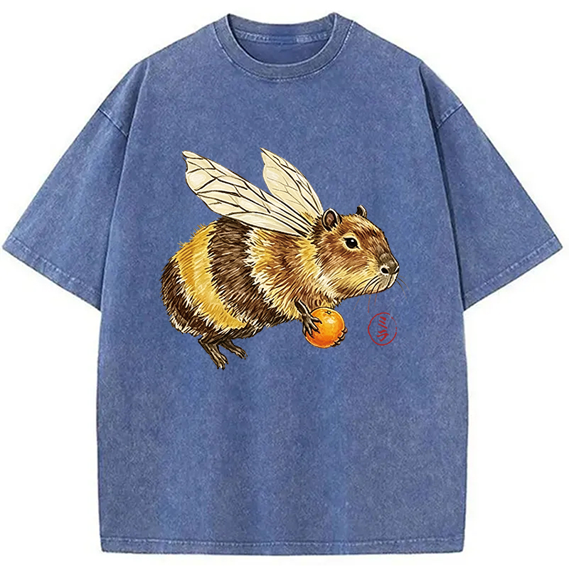 Modecanvas Funny Capybara Bee Meme DTG Printing Washed T-Shirt