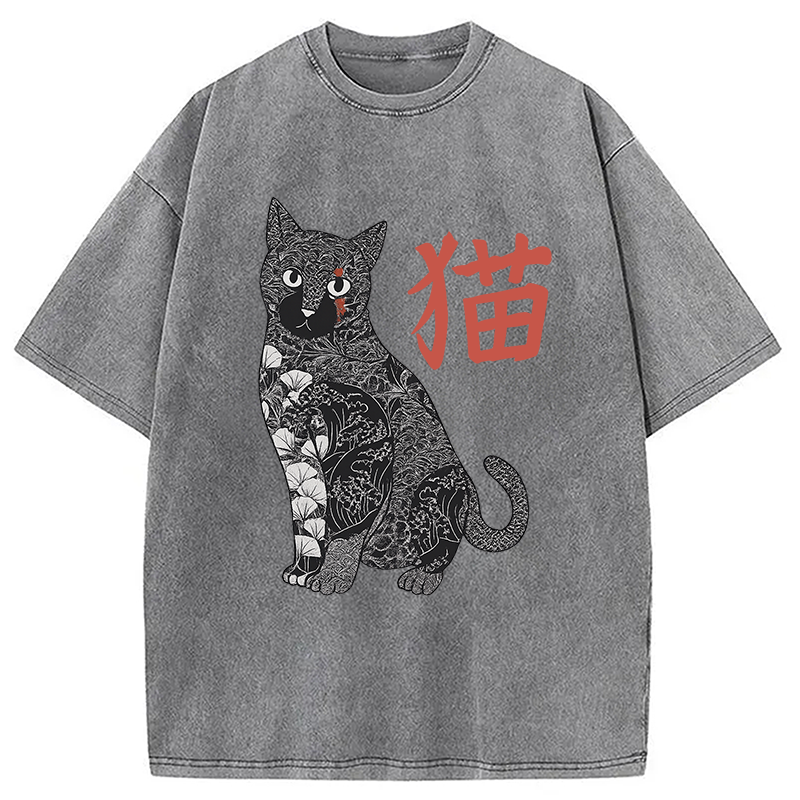 Modecanvas Tattooed Cat Japanese Vintage Washed T-Shirt