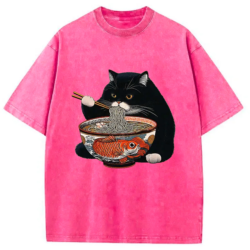 Modecanvas Fat Cat Eating Ramen Washed T-Shirt-modecanvas