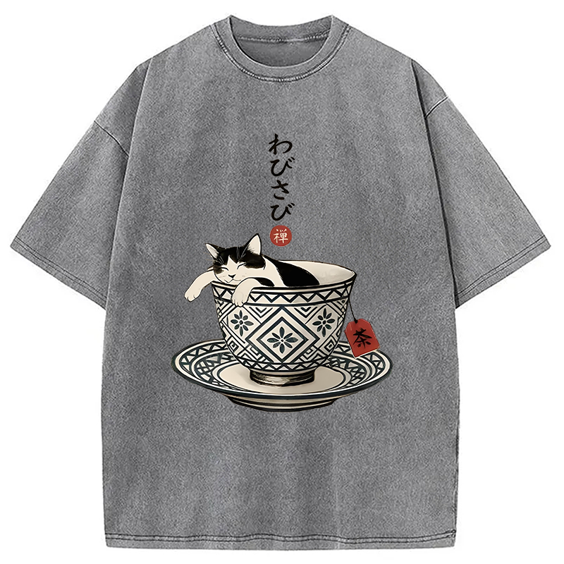 Modecanvas A Cozy Cat In A Teacup Washed T-Shirt-modecanvas