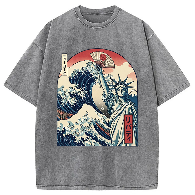 Modecanvas Ukiyo-e Statue Of Liberty DTG Printing Washed T-Shirt